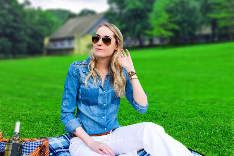 Christina - Lady of Lime wearing Gala Wrap and Gold Filigree Cuff and Sunglasses | Lyme Disease