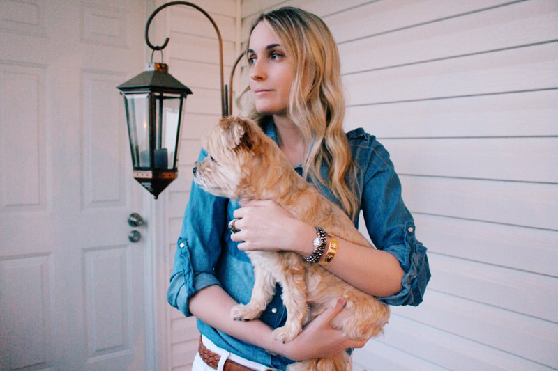 Christina - Lady of Lime wearing Gala Wrap and Gold Filigree Cuff with Dog | Lyme Disease